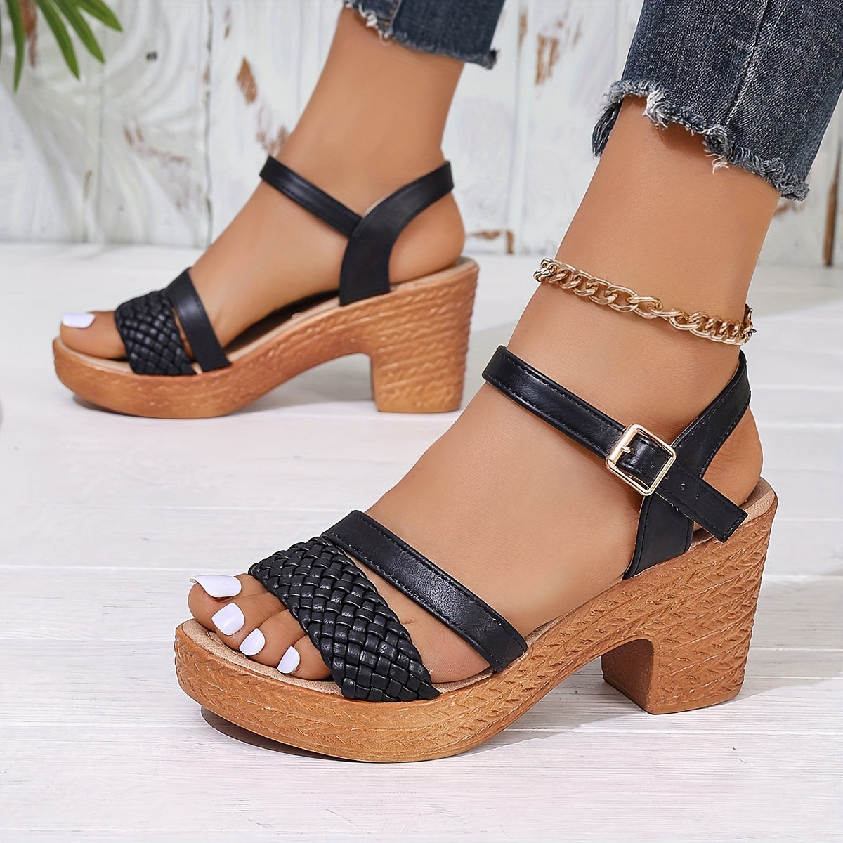 Women's Solid Color Trendy Sandals - Platform Soft Sole Ankle Buckle Strap Braided Shoes, Comfort Chunky Heel - For Women - Suitable for Summer, Parties & Casual Wear - Perfect Gift for Fashionable Women